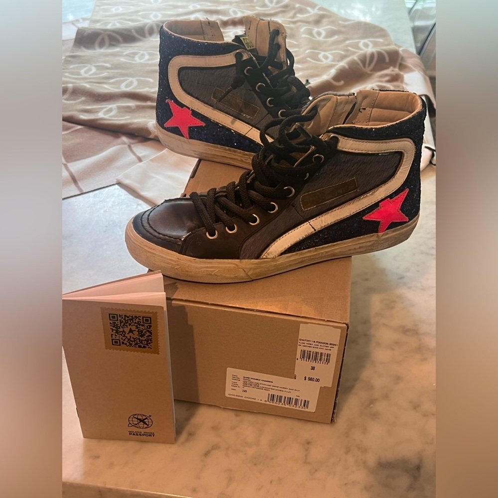 Golden Goose Black & Navy High-Top Sneakers with Pink Star
